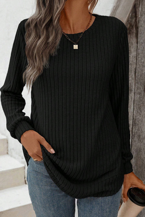 Ribbed Texture Round Neck Drop Shoulder Rounded Hem Knit Top